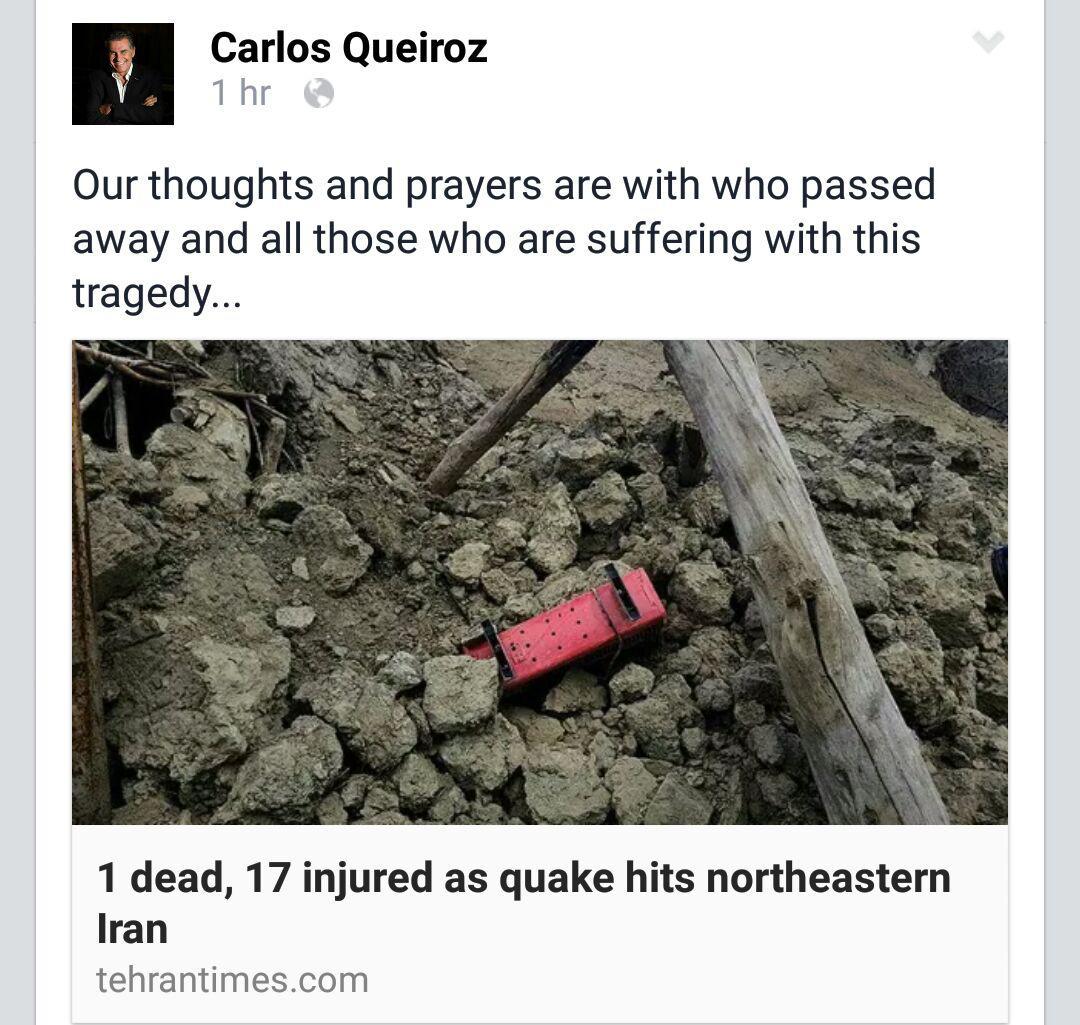همدردی کارلوس کیروش با مردم زلزله زده مشهد